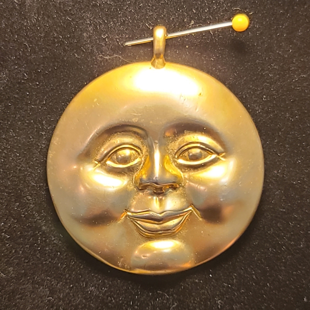 Gold tone Man in the Moon pendant 2" Vintage 1980's